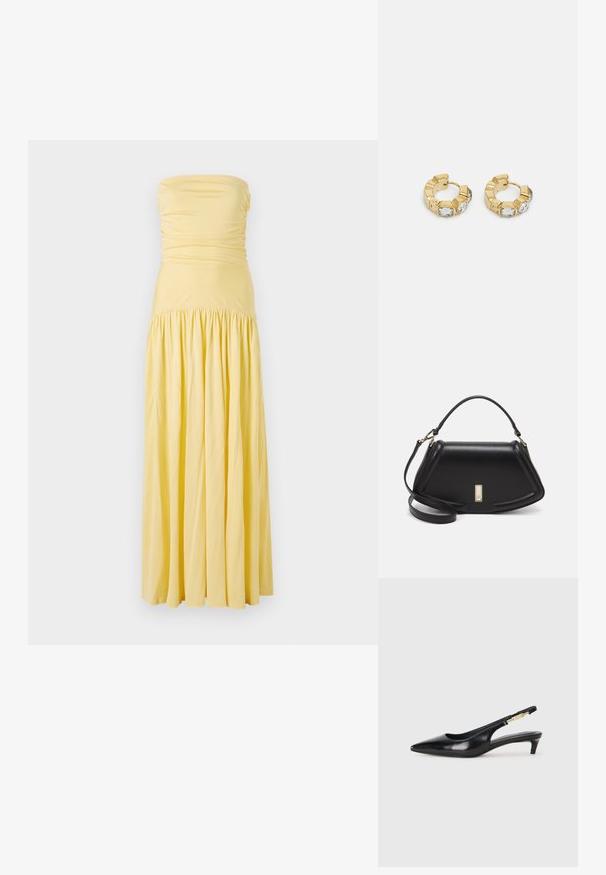 Długa sukienka bez ramiączek w miękkim żółtym materiale, z marszczeniem na górze i zbieraną spódnicą, charakteryzująca się zwiewną sylwetką i gładką fakturą.; Czarne skórzane szpilki typu slingback z ostrym noskiem, posiadające smukły obcas i złoty akcent na regulowanym pasku. Gładka tekstura.; Czarna skórzana torebka o strukturalnym designie, z przyciętą formą, górnym uchwytem i złotymi akcentami. W zestawie regulowany pasek na ramię.; Złote kolczyki w kształcie obręczy z teksturowanym fasonem i trzema przezroczystymi kryształkami po jednej stronie, oferujące nowoczesną, geometryczną estetykę.