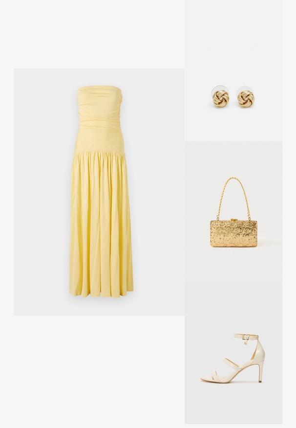 Vestido maxi sin tirantes de suave tela amarilla, con fruncido en el busto y una falda recogida, con una silueta fluida y una textura suave.; Sandalias de tacón beige con tira delgada en el tobillo y dos tiras superiores. Acabado de charol brillante y detalle en dorado en la tira del tobillo.; Clutch dorado de lentejuelas con forma rectangular, que presenta un asa de cadena trenzada y un cierre de metal, reflejando la luz con un acabado texturizado.; Pendientes de botón en tono dorado con un diseño retorcido. Cada pendiente cuenta con un respaldo circular transparente para una sujeción segura.