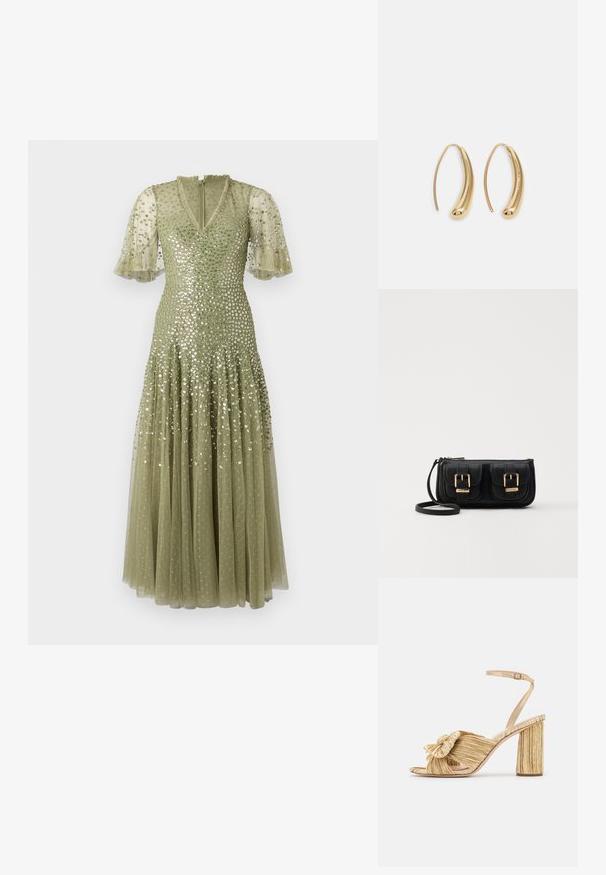 Olive green dress featuring a fitted bodice embellished with sequins, ruffled sheer sleeves, and a full tulle skirt. V-neck design with back zip.; Gold heeled sandals with a knotted front, pleated texture, and an ankle strap. The block heel has a ribbed design, enhancing grip.; Black leather crossbody bag with two front pockets, gold buckles, zipper closure, and a slim strap. Textured surface and compact rectangular shape.; Gold-tone metal hoop earrings with a curved, elongated shape. Features a smooth, shiny surface and a rounded tip for added detail.