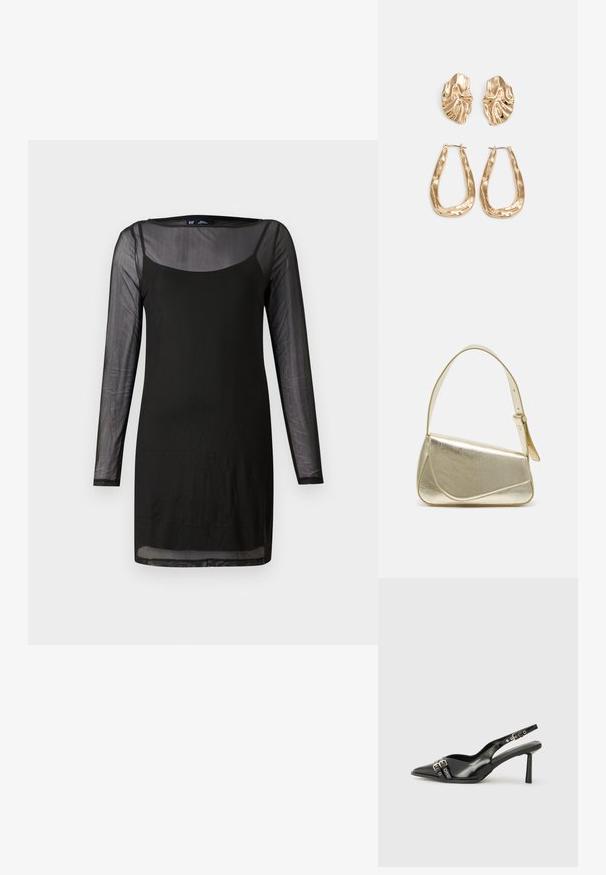 Crna haljina s dugim, prozirnim rukavima i okruglim izrezom. Mekani, lagani materijal s prilagođenim krojem i ravnim rubom.; Crna lakirana slingback cipela s izduženim vrhom, remenčićima oko gležnja s srebrnim kopčama i dijelovima, te vitkim potplatom.; Zlatna metalna torba s uređenim dizajnom, glatkom teksturom i podesivim remenom. Ima jedinstven trokutasti oblik i minimalističko šivanje.; Naušnice zlatne boje s teksturiranim, valovitim oblicima. Uključuju skulpturalne kopče i dizajn otvorene kružnice s kovanom završnom obradom.