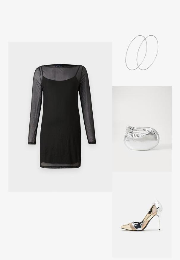 Černé šaty s dlouhými průhlednými rukávy a kulatým výstřihem. Měkká, lehká tkanina s přiléhavým střihem a rovním lemem.; Lodička s špičatou špičkou a kombinací stříbrné, zlaté a tělové barvy. Lesklý povrch s vykrojeným designem, s jehlovým podpatkem.; Stříbrná kovová taška s měkkým, zaobleným tvarem a uzávěrem s uzlem. Vyrobena z hladké umělé kůže.; Stříbrné kruhové náušnice s minimalistickým designem. Kruh, hladký povrch a tenký profil. Lehká konstrukce s lesklým povrchem.