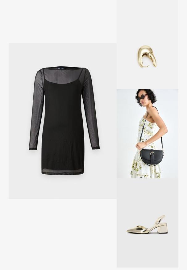 Črna obleka z dolgimi prosojnimi rokavi in okroglo izrezom. Mehka, lahka tkanina s prilagojeno zasnovo in ravnim robom.; Zlati, kovinski slingback čeveljci z ostrim nosom in masivnim peto. Gladka tekstura, minimalistična zasnova in ozka zanka.; Črna usnjena torbica s ukrivljeno obliko, z odstranljivo naramnico in zlatimi dodatki. Torbica ima pokrov s podrobnostmi v obliki zaponke.; Uhane nakit iz zlatastega tona z gladko, ukrivljeno zasnovo. Ima edinstveno koničasto obliko, polirano površino in zaponko s tečajem.