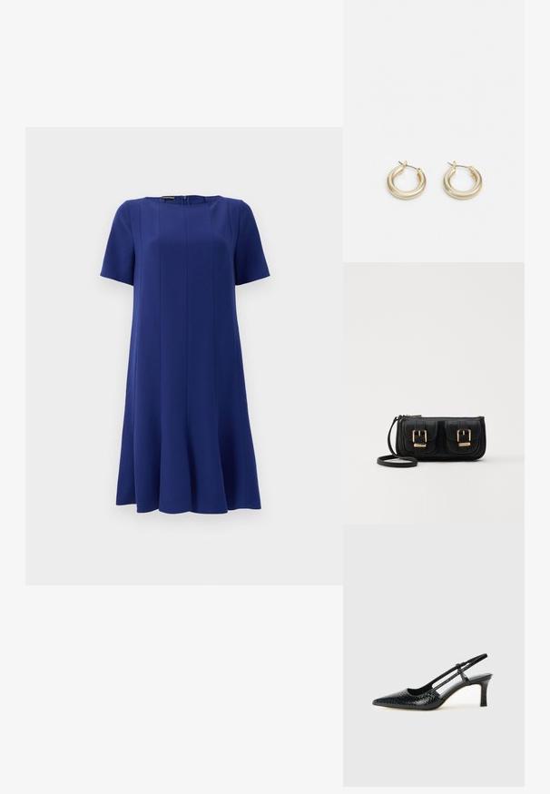 Short-sleeve A-line dress in deep blue fabric, featuring a round neckline and subtle seam detailing for a structured silhouette.; Black patent slingback heel with a pointed toe, featuring textured snake print, adjustable strap, and a short, textured block heel.; Black leather crossbody bag with two front pockets, gold buckles, zipper closure, and a slim strap. Textured surface and compact rectangular shape.; Lauren Ralph Lauren BASIC SMALL HOOP - Earrings - gold-coloured