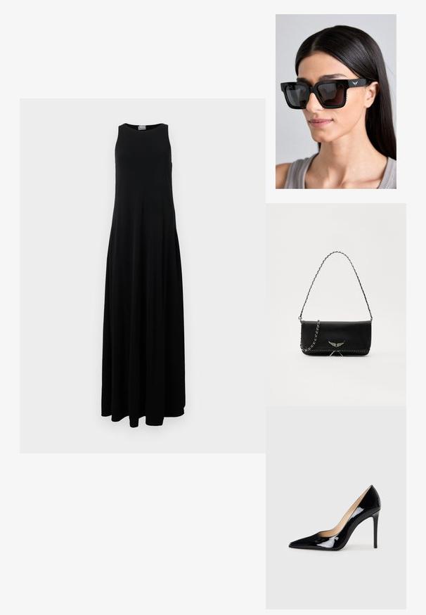 Černé maxi šaty bez rukávů s kulatým výstřihem, mají volný střih a měkkou, lehkou tkaninu. Bez viditelných vzorů nebo kovových doplňků.; Černý lakovaný kožený lodičkový bot s špičatou špičkou a elegantním siluetou. Má hladký, lesklý povrch a štíhlý jehlový podpatek.; Černé velké sluneční brýle se čtvercovými obroučkami, tmavými čočkami a jemným detailem loga ve tvaru křídel na stranici. Boční strany mají texturované akcenty.; Černá kožená kabelka se stříbrným řetízkovým popruhem, zdobená dekorativními křídly a bílým prošíváním podél spodního švu.