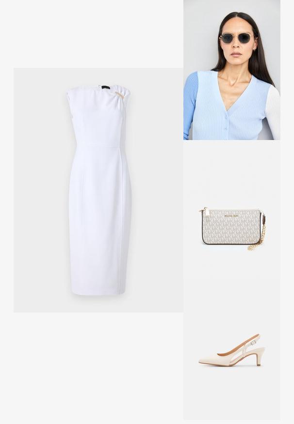 Vestido branco justo com um decote alto, mangas cap e um detalhe decorativo em dourado no ombro. Feito de um tecido suave, com comprimento até o joelho.; Sandal com salto branco, ponta afilada, material superior liso, salto bloco baixo e design com recortes laterais, com tira ajustável.; Óculos de sol redondos com lentes escuras e armação dourada. O modelo usa um cardigan canelado azul claro com botões e mangas brancas em contraste.; Pochete Michael Kors em tela revestida bege com padrão repetido do logotipo MK, ferragens douradas e uma alça de corrente destacável.