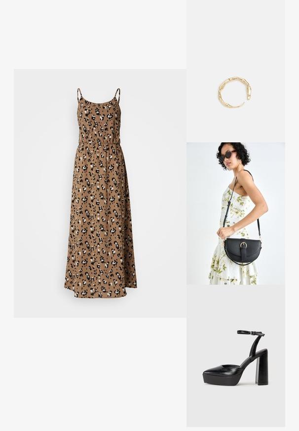 Browns krāsas maxi kleita ar leopardu rakstu, ar plānām siksnām, elastīgu jostas daļu un plūstošu siluetu.; Melnas platformas papēžs ar norādītu purngala formu un regulējamu potītes siksniņu. Izgatavotas no gludas ādas, ar masīvu bloku papēdi.; Melnas ādas rokassoma ar izliekta formu, noņemamu siksnu un zelta aksesuāriem. Somai ir vāciņš ar sprādzes detaļu.; Zelta toņa gredzens ar organisku, vērptu dizainu, gludu virsmu un sašaurinātiem galiem, radot mūsdienīgu, skulpturālu izskatu.