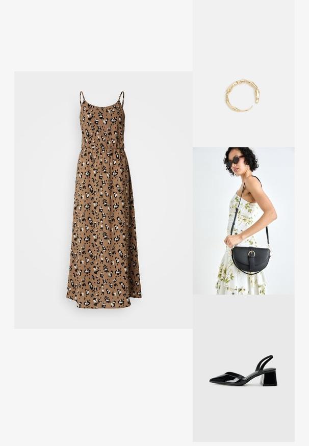 Maxiklänning i brunt tyg med leopardmönster, med tunna axelband, elastisk midja och en flödande silhuett.; Svarta lackläder slingback klackar med spetsig tå och geometrisk klack. Har en elegant, minimalistisk design och slät yta.; Svart läderhandväska med en böjd form, avtagbar rem och guldiga detaljer. Väskan har ett lock med en spänndetalj.; Ring i guldutförande med en organisk, vriden design, slät yta och avsmalnande ändar, vilket ger ett modernt, skulpturalt utseende.