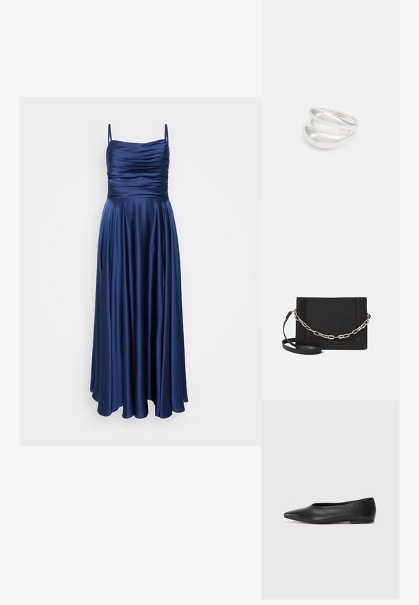 Meriini sininen, lattiaan ulottuva mekko ohuilla olkaimilla, jossa on rypytetty yläosa ja sileä, virtaava kangas, joka laskeutuu tyylikkäästi.; Musta nahkainen ballerinatyyppinen kenkä, terävä kärki, minimalinen muotoilu, sileä pinta, matala korko, ei näkyvää metalliosaa tai koristeita.; Musta nahkainen olkalaukku, jossa on sileä pinta, suorakulmainen muoto ja metalliketju yksityiskohtana edessä. Mukana säädettävä hihna.; Hopeinen kaksinkertainen rengas, jossa on sileä, kiillotettu pinta. Siinä on sulava, kaareva muotoilu, jossa on päällekkäisiä osia modernin ilmeen saavuttamiseksi.