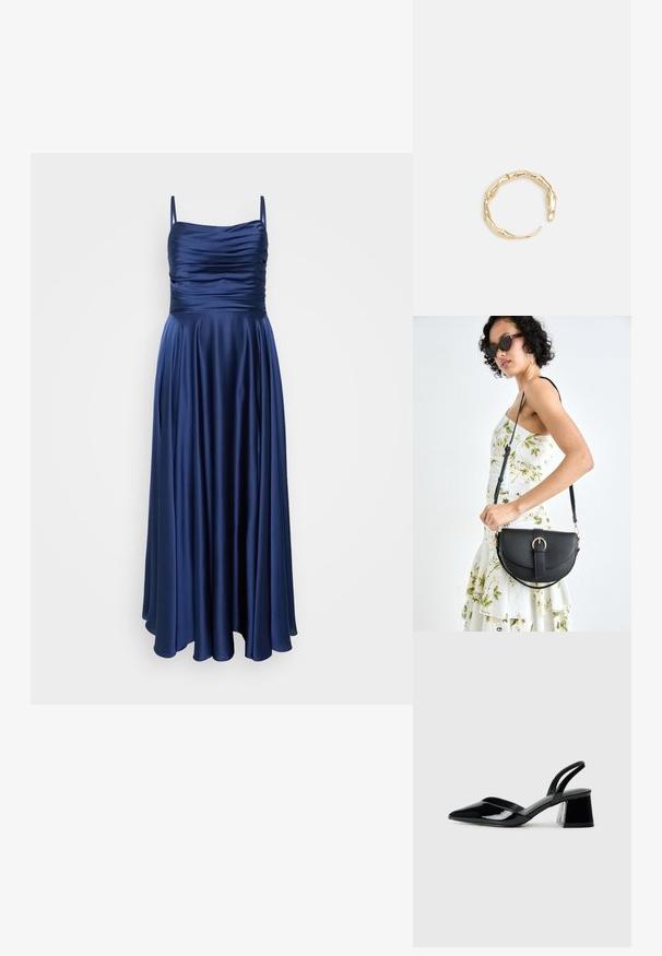 Navy zils grīdas garuma kleita ar plānām plecu siksnām, kurai ir rušēts krūšu daļa un gluda, plūstoša auduma, kas eleganti krīt.; Melna lakota āda ar atvērto papēdi, ar smailu purngalu un ģeometrisku blokpapēdi. Iezīmējas elegants, minimāls dizains un gluda tekstūra.; Melnas ādas rokassoma ar izliekta formu, noņemamu siksnu un zelta aksesuāriem. Somai ir vāciņš ar sprādzes detaļu.; Zelta toņa gredzens ar organisku, vērptu dizainu, gludu virsmu un sašaurinātiem galiem, radot mūsdienīgu, skulpturālu izskatu.