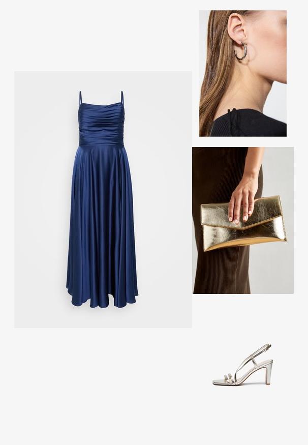 Meriini sininen, lattiaan ulottuva mekko ohuilla olkaimilla, jossa on rypytetty yläosa ja sileä, virtaava kangas, joka laskeutuu tyylikkäästi.; Metallic hopeanväriset korkokengät, joissa on avonaiset varpaat, kolme ohutta remmiä jalan yli ja nilkkaremmi soljella.; Kultainen metallinen käsilaukku, jossa on sileä pinta ja kolmiomainen läppä suljin. Käsivarsi, joka pitää sitä, on siististi hoidettuine kynsineen.; Hopea renkaankorvakoru kiiltävällä pinnalla, jossa on pieniä kultaisia yksityiskohtia ja pyöreä muoto, käytetty korvalla.