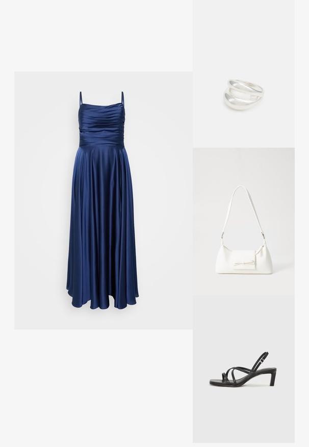 Meriini sininen, lattiaan ulottuva mekko ohuilla olkaimilla, jossa on rypytetty yläosa ja sileä, virtaava kangas, joka laskeutuu tyylikkäästi.; Mustat hihnalligat, joissa on neliön muotoinen kärki ja matala lohkokorko. Ominaisuuksiin kuuluu useita ohuita hihnoja ja säädettävä nilkkahihna. Valmistettu sileästä nahasta.; Valkoinen synteettinen käsilaukku, jossa on kolmikulmainen muoto, tasainen etu läppä ja nauhadetail, säädettävä olkahihna, sileä rakenne ja minimalinen muotoilu.; Hopeinen kaksinkertainen rengas, jossa on sileä, kiillotettu pinta. Siinä on sulava, kaareva muotoilu, jossa on päällekkäisiä osia modernin ilmeen saavuttamiseksi.