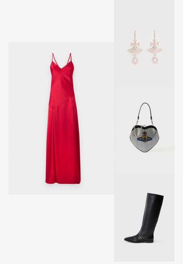 Punane satiinkleit, millel on sügavale V-kujuline kaelus, õhukesed rihmad ja voogav siluett. Omab asümmeetriat ja keskmist sääre pikkust.; Musthave mustad musta nahast kõrge säärega saapad, millel on terav varvas ja minimaalne disain. Sile tekstuur ja korter tald, sisaldades diskreetselt külgõmblusi.; Südamekujuline võrkkott metallilise viimistlusega, millel on kass ja planeedi disain sinises, kollases ja punases. Kaasas on kett õlarihm.; Roosad vääriskiviga kõrvarõngad nooltega disainis, millel on kihiline struktuur ja sädelevad aktsendid; metallist hardware säilitab poleeritud viimistluse.