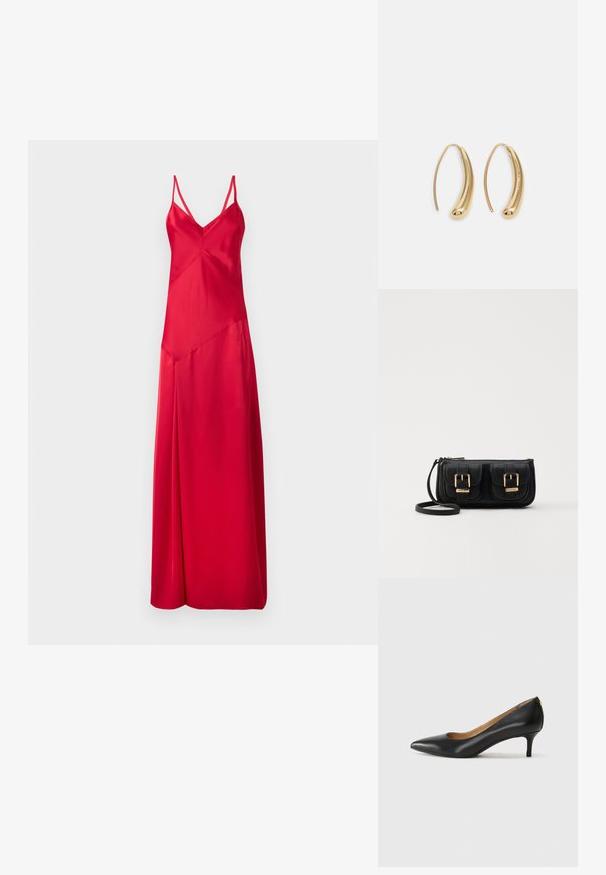 Rød satindrakt med dyp V-hals, tynne stropper og en flytende silhuett. Har asymmetrisk design og midtkalv lengde.; Sorte lærpumpe med spiss tå, lav hæl og en glatt tekstur. Har en liten åpning foran og minimalt med beslag bak.; Svart skinn crossbody veske med to frontlommer, gyldne spenner, glidelåslukking og en slank stropp. Teksturert overflate og kompakt rektangulær form.; Gullfargede metalløredobber med en buet, forlenget form. Har en jevn, blank overflate og en avrundet tupp for ekstra detaljer.