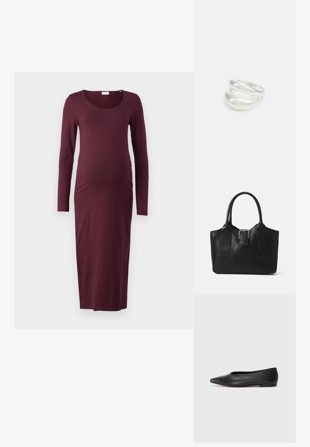 Vestido de maternidad burdeos de manga larga, hecho de una tela suave, con una silueta ajustada y escote en forma de barco, con un dobladillo a la altura de la rodilla.; Bailarinas de cuero negro, punta afilada, diseño minimalista, textura suave, tacón bajo, sin herrajes ni adornos visibles.; Bolso tote de cuero negro con textura suave, forma estructurada, dos asas y un prominente detalle de hebilla plateada en la parte frontal.; Anillo de plata de doble banda con una superficie lisa y pulida. Presenta un diseño fluido y curvado con secciones superpuestas para un aspecto moderno.
