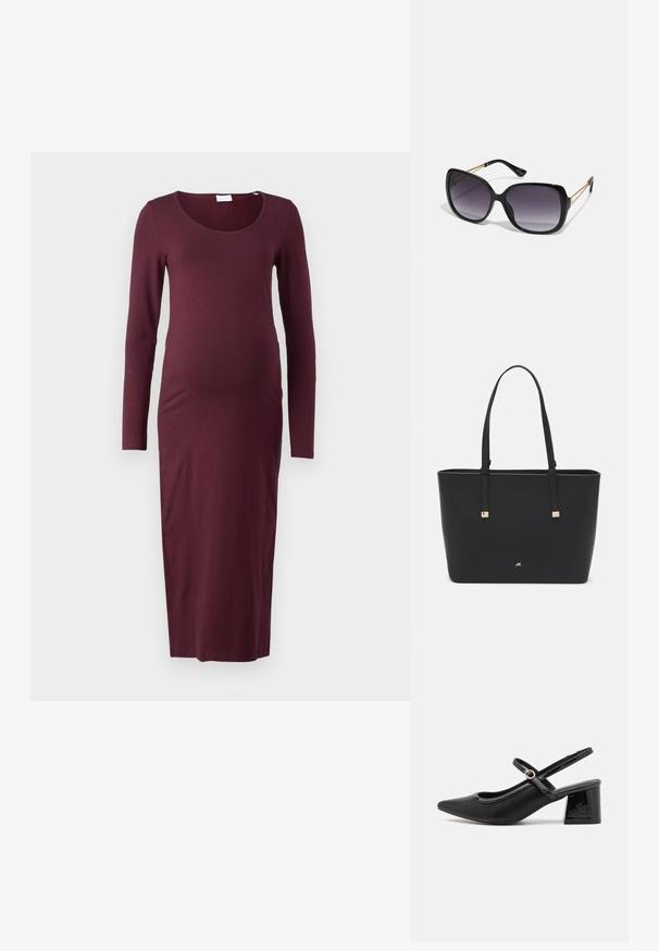 Långärmad, burgunderröd gravidklänning i mjukt material, med en figurnära silhuett och rundad halsringning, samt knälång nederkant.; Svarta lackläder slingback-klackar med spetsig tå, en rundad utskärning och en blockklack. Utsmyckad med en spänne i guldton.; Svarta överdimensionerade solglasögon med gradientlinser, tjocka bågar och kedjedetaljer i guldton vid tempelarmarna.; Svart tote-väska i syntetmaterial, med en enkel rektangulär design, gyllene fyrkantiga detaljer och dubbla handtag.