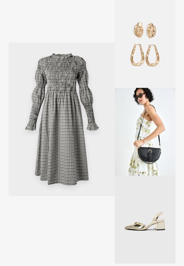 Schwarz-weißes Gingham-Kleid mit gerafft gearbeitetem Oberteil, puffärmeligen langen Ärmeln, Rüschenmanschetten und einem fließenden, knielangen Rock.; Goldene, metallische Slingback-Absätze mit spitzem Zeh und dicker Ferse. Glatte Textur, minimalistisches Design und ein schmaler Riemen.; Schwarze Lederhandtasche mit geschwungener Form, abnehmbarem Tragegurt und goldenen Beschlägen. Die Tasche verfügt über einen Deckel mit einer Schnallen-Details.; Ohrringe in Goldoptik mit strukturierten, gewellten Formen. Beinhaltet skulpturale Clip-Ohrringe und ein offenes Hoop-Design mit gehämmertem Finish.