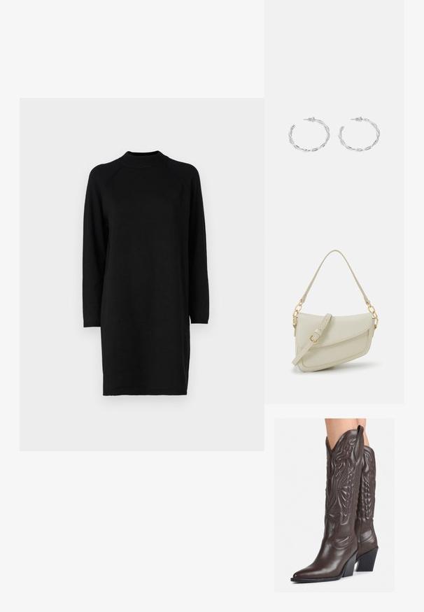 Melnas garās piedurknes kleita ar augstu apkakli, ribotu apkakli un brīvu piegriezumu. Izgatavota no mīksta auduma, ceļgala garumā, bez redzamām rakstām.; Brūni ādas kovboju zābaki ar norādītu purngalu un blokveida papēdi, ar detalizētu šūšanu un paceltiem akcentiem uz kājas daļas.; Maza krēmkrāsas rokas soma ar teksturētu apdari, garu regulējamu siksniņu, ķēdes akcentu un vāciņa aizdari. Zelta aparatūras detaļas.; Sudraba gredzenveida auskari ar savītu dizainu, kas ir ar pulētu apdari un ar aizmugurēju fiksāciju. Izmērs ir aptuveni 3 cm diametrā.