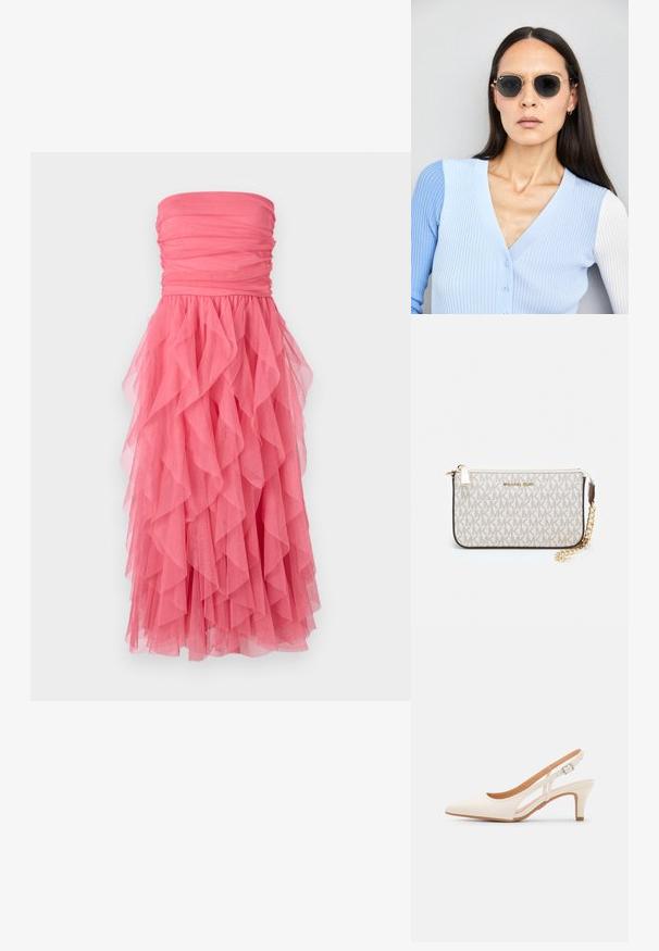 Sukienka bez ramiączek w intensywnym różowym kolorze, z marszczonym gorsetem i warstwami falbanek z tiulu opadającymi od talii do hemu. Miękka, lekka tkanina.; Biała szpilka slingback z ostrym noskiem, gładkim materiałem wierzchnim, niskim obcasem blokowym oraz wycięciami po bokach i regulowanym paskiem z klamrą.; Okrągłe okulary przeciwsłoneczne z ciemnymi soczewkami i złotymi ramkami. Modelka nosi jasnoniebieski kardigan w prążki z guzikami i białymi rękawami w kontrastowym kolorze.; Portfel na nadgarstek marki Michael Kors w beżowej, pokrytej płótnem, z powtarzającym się wzorem logo MK, złotym okuciem i odpinanym łańcuszkowym paskiem.