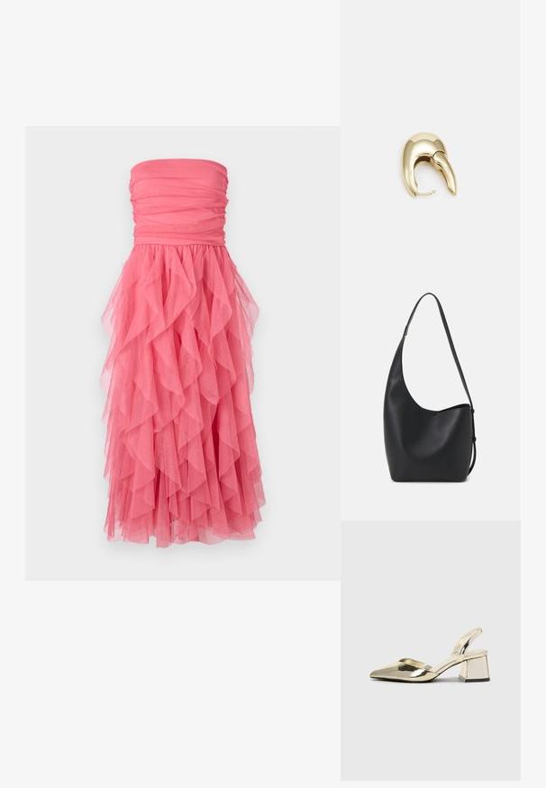 Vibráló rózsaszín, pánt nélküli ruha, fodros dekoltázzsal és a deréktól az aljáig futó rétegelt tüll fodrokkal. Puha, könnyű anyag.; Arany, fémből készült slingback sarkú cipők hegyes orral és vastag sarokkal. Simaság, minimalista design és keskeny pánt jellemzi.; Fekete bőr hobo táska sima textúrával, ívelt formával és egyetlen állítható pánttal; széles nyílás található a tetején.; Aranyszínű fém fülbevaló, elegáns, ívelt formával. Különleges hegyes alak, fényes felszín és zsanéros záródás jellemzi.