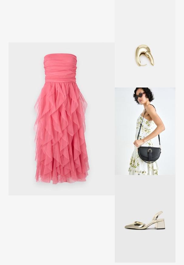 Vibráló rózsaszín, pánt nélküli ruha, fodros dekoltázzsal és a deréktól az aljáig futó rétegelt tüll fodrokkal. Puha, könnyű anyag.; Arany, fémből készült slingback sarkú cipők hegyes orral és vastag sarokkal. Simaság, minimalista design és keskeny pánt jellemzi.; Fekete bőrtáska ívelt formával, levehető pánttal és arany színű fémrészekkel. A táskán egy csattal díszített fedél található.; Aranyszínű fém fülbevaló, elegáns, ívelt formával. Különleges hegyes alak, fényes felszín és zsanéros záródás jellemzi.