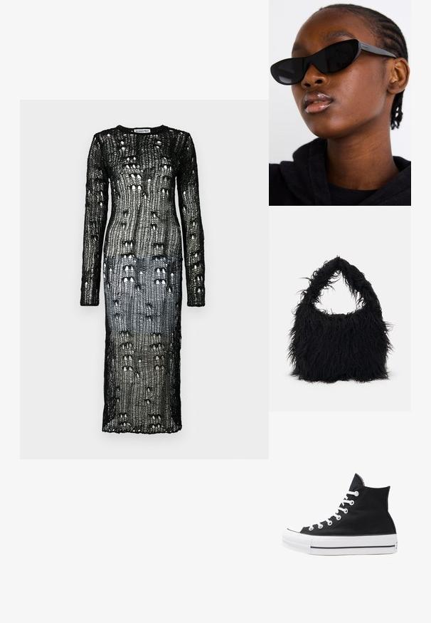 The Ragged Priest DRESS - Haljina s naramenicama - black; Visoke crne platnene tenisice s bijelim rupama, vezicama i gumenim potplatom. Imaju teksturirani vrh i crno-bijele pruge kao ukrase.; Crne mačje naočale s mat finišem, koje imaju elegantan dizajn i blago zakrivljene rubove, postavljene na pozadini tamne odjeće modela.; Even&Odd Velika torba - black; Srebrne kružne naušnice s glatkom, poliranom površinom. Okrugli oblik i sigurno kopčanje na klik. Lagani dizajn pogodan za svakodnevno nošenje.