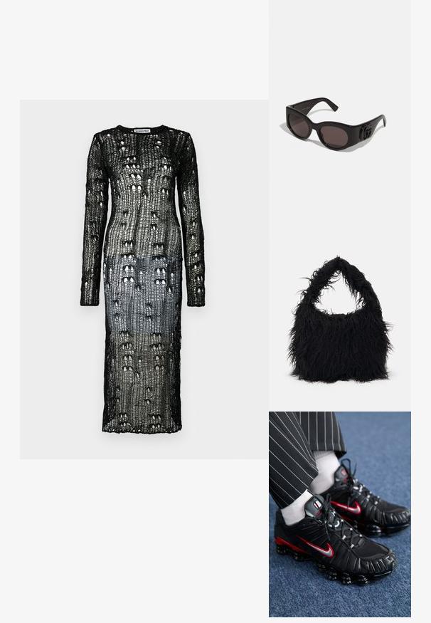 The Ragged Priest DRESS - Abito in maglia - black; Scarpe da ginnastica nere con accenti rossi e silver, materiali sintetici a rete e testurizzati, design con lacci e suola con ammortizzazione visibile.; Occhiali da sole neri con lenti oversize e arrotondate, dotati di una montatura in plastica lucida e di un dettaglio logo prominente sulle tempie.; Even&Odd Shopping bag - black