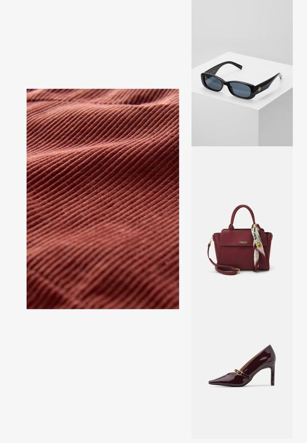 Clay-colored corduroy fabric with prominent vertical ribbing pattern, displaying a soft texture and gentle drape.; Patent burgundy high heel shoe with pointed toe, ankle strap featuring gold hardware, and a sleek, polished finish. Elevated stiletto heel.; Black rectangular sunglasses with tinted blue lenses, thick frames, and a gold circular accent on the side. Sleek, shiny finish.; Burgundy handbag made of synthetic material with a structured design, featuring a detachable strap and a floral-patterned scarf tied to the handle.