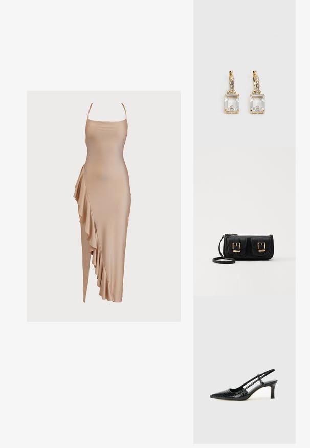 Nude bezrukávové šaty vyrobené z hladkej látky, s bočným volánom a tesným siluetou. Elegantný a minimalistický dizajn.; Čierne patentové slingback topánky na ihlovom podpätku s špicatou špičkou, s textúrovaným hadím vzorom, nastaviteľným popruhom a krátkym, textúrovaným blokovým podpätkom.; Čierna kožená crossbody taška s dvoma prednými vreckami, zlatými sponami, zipsovým uzatváraním a úzkym popruhom. Štruktúrovaný povrch a kompaktný obdĺžnikový tvar.; Náušnice v zlatej farbe, ktoré majú obdĺžnikový, transparentný kryštál visiaci pod radom malých, guľatých, čírych akcentov. Elegantný, moderný dizajn.