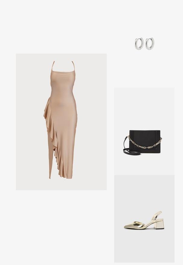 Nuogo be rankovių suknelei, pagamintai iš lygaus audinio, su šoniniu raukiniu ir prigludusia siluetu. Išraiškingas ir minimalistinis dizainas.; Auksiniai, metaliniai slingback aukštakulniai bateliai su smailiu pirštu ir masyviu kulnu. Lygus paviršius, minimalizmo dizainas ir siaura juostelė.; Juodas odinis per petį nešiojamas krepšys turi lygų paviršių, stačiakampio formą ir metalinę grandinėlę priekyje. Pridedama reguliuojama dirželis.; Sidabriniai auskarai su poliruotu paviršiumi, turintys apvalią dizaino formą ir be siūlių vyriukus, rodantys lygų paviršių.