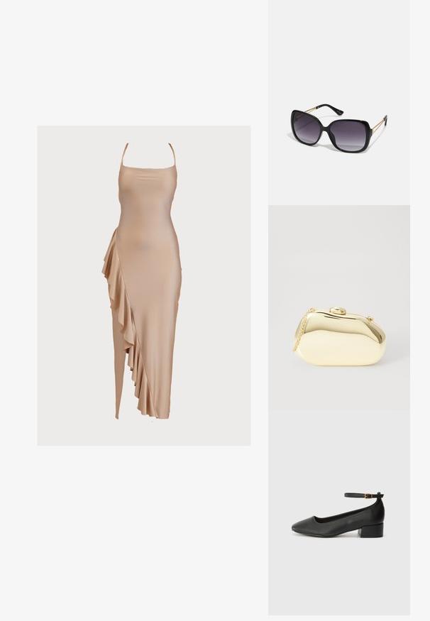 Rochie nud fără mâneci, dintr-un material neted, având un detaliu cu volan pe lateral și o siluetă ajustată. Design elegant și minimalist.; Pantof cu toc negru din piele, cu vârf ascuțit și toc mic pătrat. Dispune de o curea la gleznă cu o cataramă în tonuri de aur. Textură netedă.; Ochelari de soare negri, supradimensionați, cu lentile degradate, rame groase și detalii cu lanț de ton auriu pe brațele templului.; Clutch metalizat de culoare aurie, cu o formă netedă și rotundă, având un închizător tip buton în partea de sus și o curea mică pentru purtare.