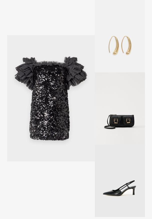 Black sequin dress featuring a fitted design, short length, and ruffled sheer sleeves. Textured finish with sparkling sequins throughout.; Black patent slingback heel with a pointed toe, featuring textured snake print, adjustable strap, and a short, textured block heel.; Black leather crossbody bag with two front pockets, gold buckles, zipper closure, and a slim strap. Textured surface and compact rectangular shape.; Gold-tone metal hoop earrings with a curved, elongated shape. Features a smooth, shiny surface and a rounded tip for added detail.