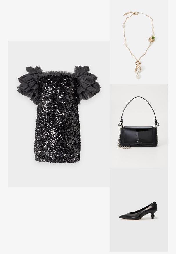 Mustakettaamaamme musta paljettimekko, joka on istuva, lyhyt ja jossa on röyhelökaulukset. Kankaan tekstuurissa on glittereitä koko mekossa.; Musta nahkakengät korkealla korolla, joissa on terävä kärki ja pyöreä, pallomainen korko. Sileä pinta ja tyylikäs, minimalistinen muotoilu.; Musta lakattu nahkalaukku suorakaiteen muotoisena, ketjuhihnalla ja erottuvalla varustusesineellä keskellä. Siveltimellinen pinta.; Kultaketju, jossa on kiertyneet linkit, valkoisia helmiä ja vihreä kiviakseli. Ominaisuuksiin kuuluu monimutkaiset yksityiskohdat ja kiinnitysklipsi.