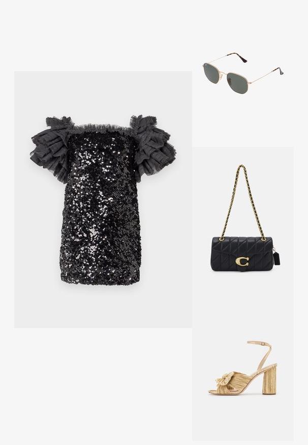 Čierne šaty s flitrami s priliehavým strihom, krátkou dĺžkou a volánovými priehľadnými rukávmi. S štruktúrovaným povrchom a trblietavými flitrami po celom obvode.; Zlaté sandále na podpätku s uzlom vpredu, s plisovanou štruktúrou a remienkom okolo členka. Blokový podpätok má ryhovaný dizajn, čo zlepšuje priľnavosť.; Zlaté slnečné okuliare s kovovým rámom a tmavozelenými šošovkami v aviator štýle, s úzkymi ramenami a mramorovými akcentami na koncoch.; Čierna prešívaná kabelka so zlatým reťazovým popruhom, ktorá má výrazný zlatý uzáver a malú nášivku, s textúrovaným koženým povrchom.
