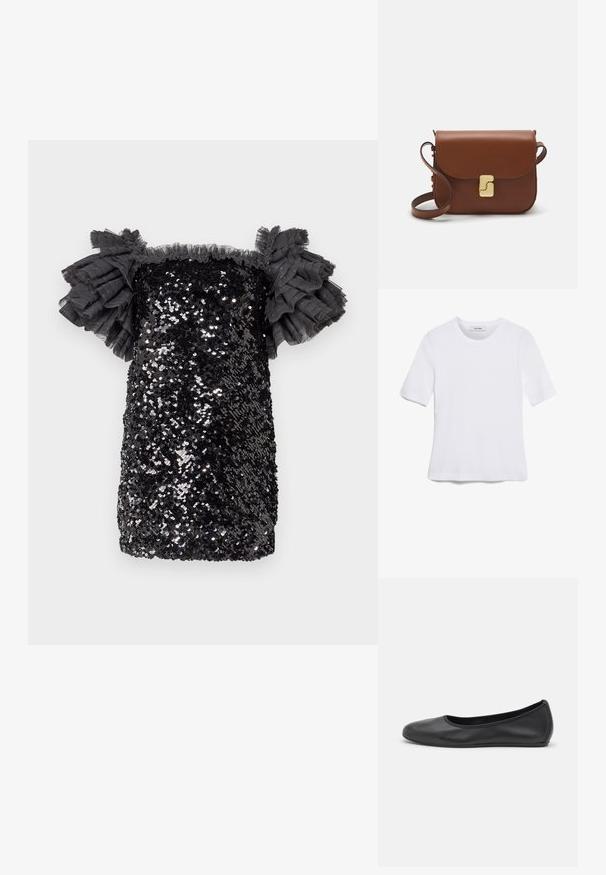 Vestido preto de lantejoulas com um design ajustado, comprimento curto e mangas transparentes com babados. Textura com acabamento brilhante e lantejoulas a brilhar por toda a parte.; T-shirt de manga curta branca feita de tecido canelado. Decote redondo, ajuste regular e detalhes de costura subtis. Sem padrões ou gráficos.; Bailarina preta em pele com bico arredondado, textura suave, detalhe de costura minimalista e design de sola flexível.; Bolsa de couro castanho com fecho de aba, decoração em tom dourado, alça de ombro e textura suave. Formato retangular compacto.