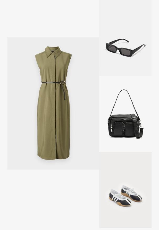 Abito senza maniche verde oliva con colletto, stretto in vita da una cintura nera con fibbia metallica rotonda e spacchi laterali.; Scarpe da ginnastica in bianco e nero con un design elegante, suola in gomma, chiusura con lacci e tre strisce bianche sui lati.; Occhiali da sole neri rettangolari con lenti scure, finitura lucida, aste larghe e design della montatura spessa. Nome del marchio inciso su un'asta.; Borsa a tracolla nera in pelle con due tasche frontali con zip, forma strutturata, tracolla regolabile e superficie texturizzata.