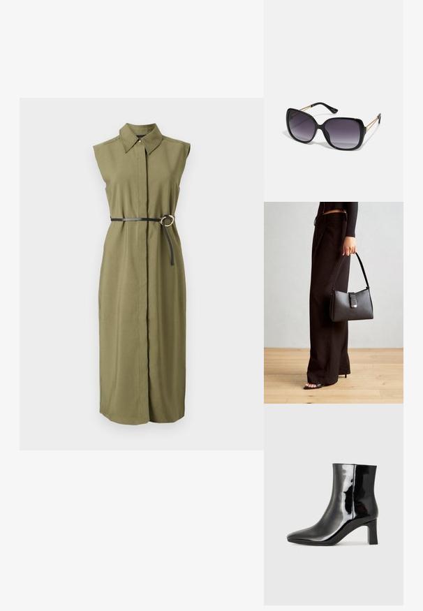 Oliva zöld, ujjatlan ruházat gallérral, deréktájon fekete övvel, mely kerek fémbútorral és oldalsó hasítékokkal van díszítve.; Fekete lakk bőrcipő bokáig érő, hegyes orral és közepes magasságú tömbsarokkal. Simább textúrával és minimalista dizájnnal rendelkezik.; Fekete, oversize napszemüveg fokozatos árnyalatú lencsékkel, vastag kerettel és arany színű lánc díszítéssel a szárakon.; Fekete kézi táska strukturált formával, sima textúrával és fémből készült záródással. Széles fekete nadrággal és nyitott orrú szandállal párosítva, fából készült padlón.