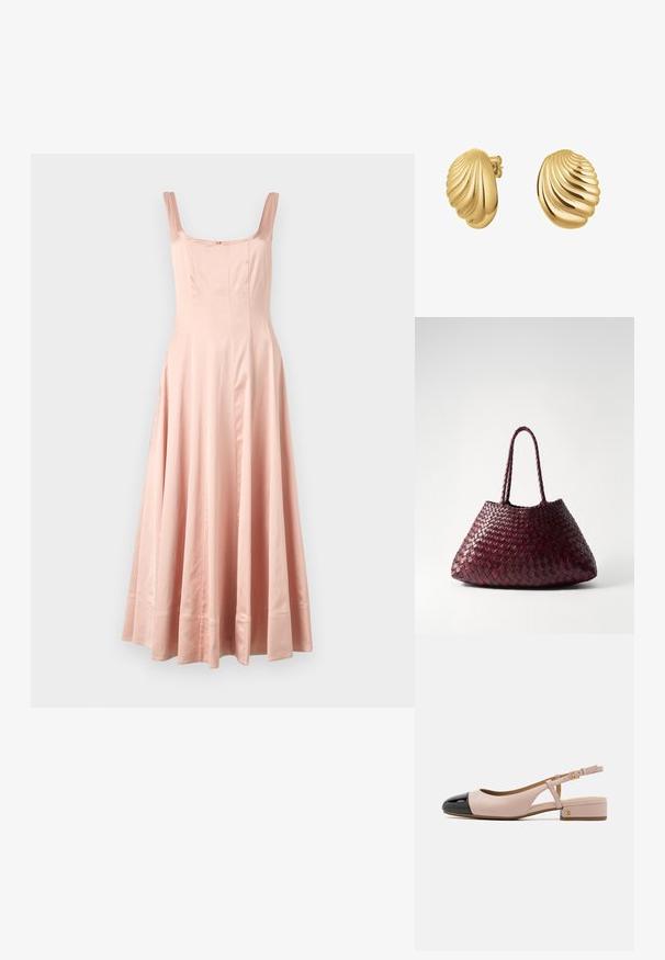 Dlouhá růžová saténová šaty se čtvercovým výstřihem, širokými ramínky a volnou sukní. Obsahuje vertikální švy a lemování s jemným zakončením.; Sandalové boty na podpatku s růžovou koženou svrchní částí a lesklou černou špičkou. Mají malý blokový podpatek a nastavitelné zapínání kolem kotníku.; DRAGON DIFFUSION SANTA CROCE BIG - Kabelka - bordo; Náušnice ve tvaru mušle se zlatým tónem, s rýhovanou strukturou a lesklým povrchem. Zavěšení na pecku s bezpečným uzavřením.