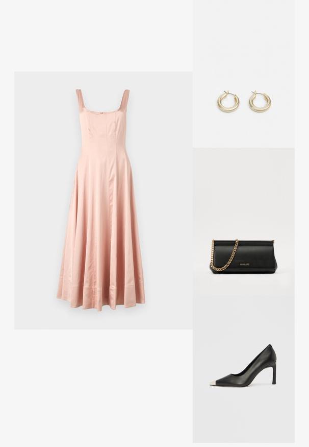 Ilga rožinė satino suknelė su kvadratine iškirpte, plačiomis petnešėlėmis ir plačiu sijonu. Suprantu vertikalius siūlus ir apdailą su subtiliu finišu.; Juodas odinis aukštakulnis batelis su smailia nosimi ir metaliniu sidabriniu galiuku. Turi lygų paviršių ir ploną 10 cm kulną.; Juodas odinis delninukas su auksine grandine, turintis lygų paviršių, stačiakampį išmatavimą ir įspaustą prekės ženklą priekyje.; Lauren Ralph Lauren BASIC SMALL HOOP - Auskarai - gold-coloured