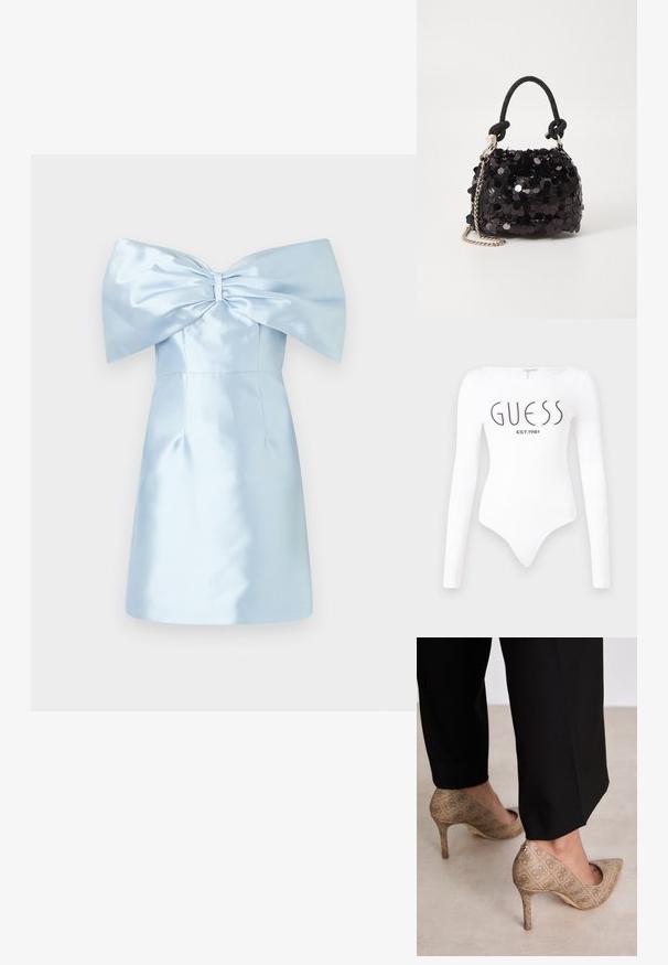 Γαλάζιο σατέν φόρεμα με δομημένο κορσέ και υπερμεγέθη φιόγκο στο λαιμό. Σύντομο μήκος με λεία, γυαλιστερή υφή.; Λευκό κορμάκι με μακριά μανίκια και στρογγυλή λαιμόκοψη. Διακοσμείται με το λογότυπο "GUESS" και την ένδειξη "EST.1981" τυπωμένα σε μαύρο χρώμα στο μπροστινό μέρος. Έχει απαλό ύφασμα.; Μπεζ ψηλοτάκουνα παπούτσια με υφασμάτινη υφή που διαθέτει επαναλαμβανόμενο σχέδιο. Σχεδίαση με μυτερή μύτη και πίσω διακοσμητικό στοιχείο με χρυσό τακούνι.; Μαύρη τσάντα μίνι από παγιέτες με υφασμάτινη strap και ασημένια αλυσίδα. Στρογγυλή μορφή με μαζεμένο πάνω μέρος και ανακλαστικές λεπτομέρειες.