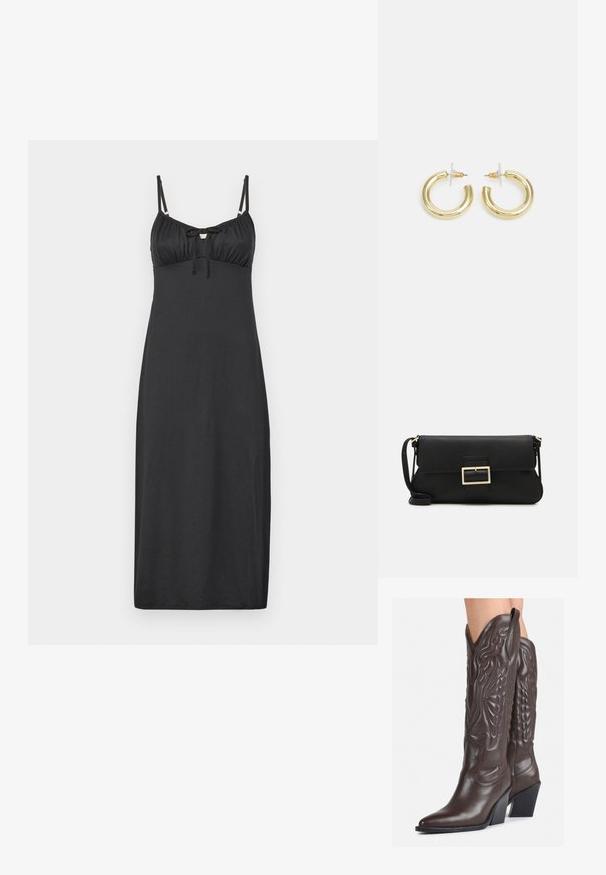 Hollister Co. BARE KNIT - Freizeitkleid - casual black; Braune Leder-Cowboy-Stiefel mit spitzem Punkt und Blockabsatz, die über detaillierte Stickereien und hervorgehobene Akzente am Schaft verfügen.; Schwarze Leder-Clutch mit Klappe und goldfarbenem Metallschnallen-Detail. Enthält einen schwarzen Riemen und ein schlankes, minimalistisches Design.; Goldene Creolen mit einer glatten, glänzenden Oberfläche. Zirkuläres Design mit einem kleinen Stecker und einer klaren Rückseite für einen sicheren Sitz.