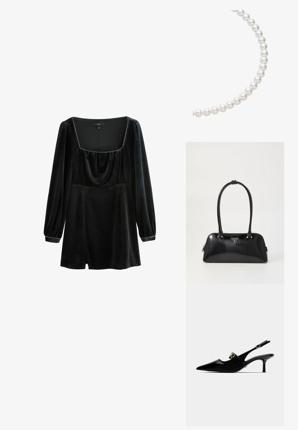 Abito in velluto nero con maniche lunghe a sbuffo, scollatura quadrata e dettagli arricciati sul busto. Presenta una sottile rifinitura argentata lungo la scollatura.; Décolleté in vernice nera con cinturino alla caviglia, punta affusolata, dotate di doppi dettagli in oro e un sottile tacco a stiletto.; Borsa nera lucida con una silhouette curva, due manici e una placca logo frontale. Chiusura con zip e dettagli in metallo lucido.; Collana di perle con perle bianche rotonde e luccicanti incatenate insieme, che mostrano una superficie liscia e una forma sferica costante.