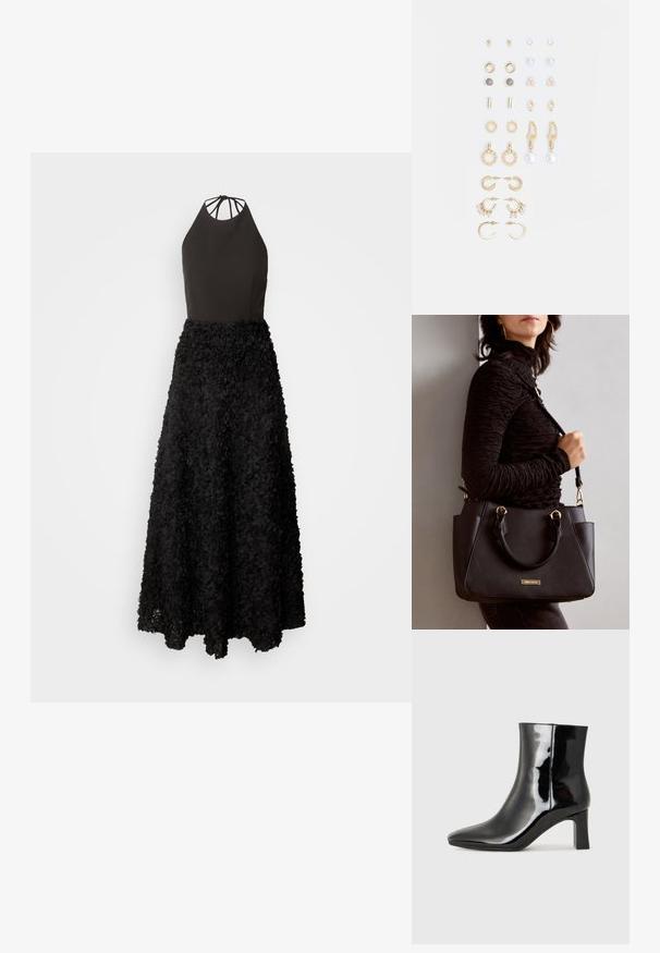 Čierne šaty s priliehavým korzetom na halterneck a objemnou sukňou vytvorenou z viacvrstvových kvetinových aplikácií. Štruktúrovaný povrch s plynulým dizajnom.; Čierne lakované členkové topánky s špicatou špičkou a stredne vysokým blokovým podpätkom. Hladká textúra a minimalistický dizajn.; Čierna kabelka s textúrovaným povrchom, dvojitými hornými rúčkami a nastaviteľným ramenným popruhom. Obsahuje zlaté kovanie a bočné vrecká.; Súprava náušníc v zlatom odtieni obsahujúca rôzne dizajny, vrátane puzetových, kruhových a visiacich kúskov s perlami a rhinestones.