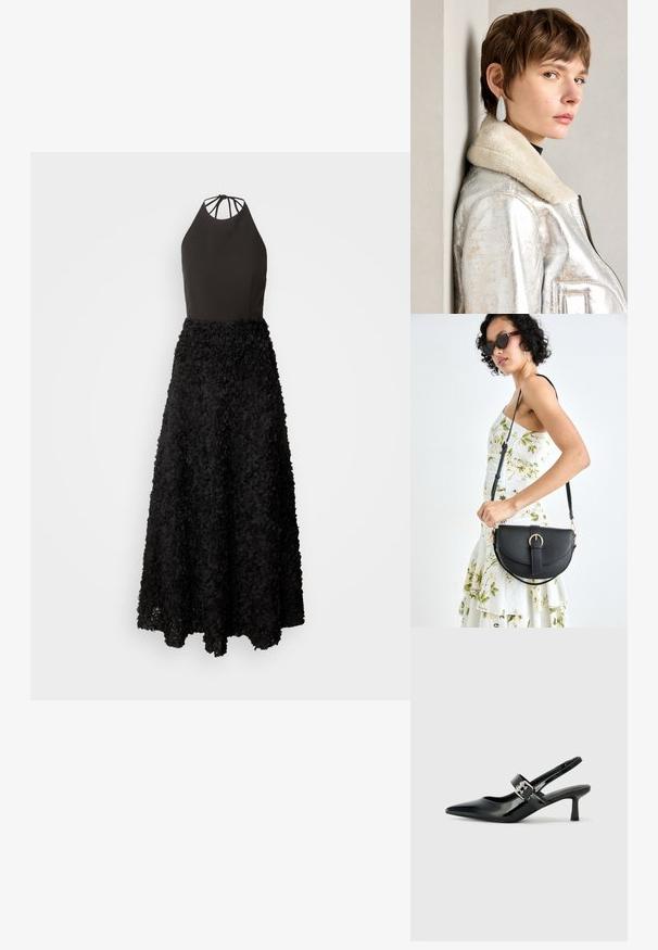 Schwarzes Kleid mit einem taillierten Halterneck-Oberteil und einem voluminösen Rock, der aus geschichteten floralen Applikationen besteht. Strukturierten Oberfläche mit fließendem Design.; Schwarze Lackleder Slingback-Absätze mit spitzem Zeh und kleinem Blockabsatz, ausgestattet mit einem silbernen Schnallenakzent am Riemen.; Schwarze Lederhandtasche mit geschwungener Form, abnehmbarem Tragegurt und goldenen Beschlägen. Die Tasche verfügt über einen Deckel mit einer Schnallen-Details.; Silberne metallische Lederjacke mit Schaffellkragen, mit Reißverschluss und strukturiertem Oberflächen. Große Tropfenohrringe mit klaren Edelsteinen.