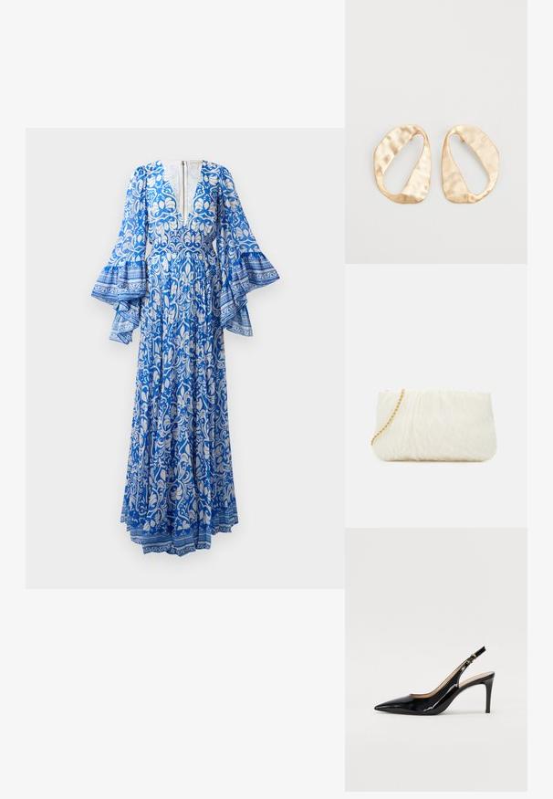 Ilga mėlyna suknelė su baltais gėlių ir paisley raštais, plačiomis rankovėmis, giliu V formos dekoltė ir nugara su užtrauktuku.; Juodas lakinės odos slingback batelis su smailiu nosiu, plonu kulnu ir subtiliu išpjovos dizainu. Yra auksinė sagtis ant dirželio.; Balta tekstūruota sankabos rankinė su susiraukšlėjimo dizainu, turinti auksinę grandinėlę. Lygaus paviršiaus su subtiliomis bangomis ir suapvalintais kraštais.; Nedidelis nereguliarus ovalo formos aukso tono metalinių auskarų pora su tekstūruota, šiek tiek kalta paviršiumi ant balto fono.