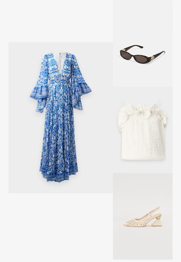 Robe longue bleue avec des motifs floraux et paisley blancs, manches évasées, décolleté en V profond et zip dans le dos.; Hofmann Copenhagen EXCLUSIVE GENEVIVE - Débardeur - off white; Chaussure slingback beige avec tige perforée, bout pointu et un talon triangulaire contrastant avec une touche dorée. Texture lisse dans l'ensemble.; Lunettes de soleil en écaille, avec des verres ovales allongés, teinte marron, accents de logo doré sur les branches et montures noires élégantes.; Sac à main floral blanc avec une surface en tissu froncé, une chaîne en métal doré et un fermoir en métal. Présente des pétales texturés pour plus de détail.