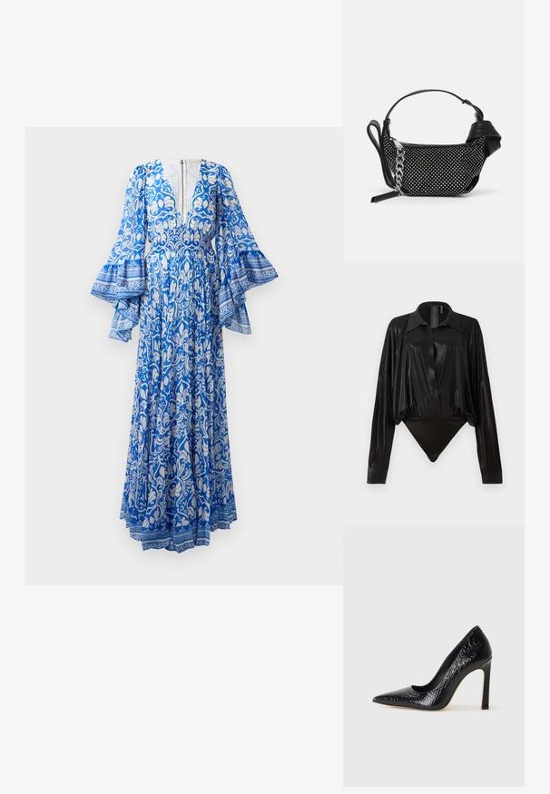 Rochie lungă albastră cu modele florale și paisley albe, mâneci evazate, decolteu adânc în V și detaliu cu fermoar la spate.; Body negru cu mâneci lungi, decolteu în V și o siluetă ajustată. Fabricat dintr-un material lucios și neted, cu guler structurat și manșete.; Pantofii cu toc înalt, ascuțiți, de culoare neagră, cu textură de piele de crocodil, având un design elegant, toc în stil stiletto și interior neted de culoare neagră.; Geantă neagră cu un design texturat, împodobită cu tije argintii și o curea chunky din argint. Prezintă o formă elegantă și minimalistă.
