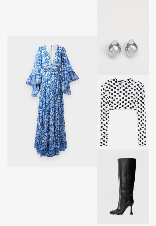 Dlouhé modré šaty s bílými květinovými a paisley vzory, rozšířenými rukávy, hlubokým véčkovým výstřihem a detailem se zipem na zadní straně.; Krátký dámský top s dlouhými rukávy z elastického bílého materiálu s černými puntíky, hladkou texturou a kulatým výstřihem.; Černá kožená vysoká bota po kolena s přiléhavým svrškem a špičatou špičkou. Má charakteristický zakřivený podpatek a hladký texturovaný povrch.; Stříbrné kovové náušnice s hladkým, zaobleným tvarem, s leštěným povrchem a odrazivým leskem. Minimalistický design bez ozdob.