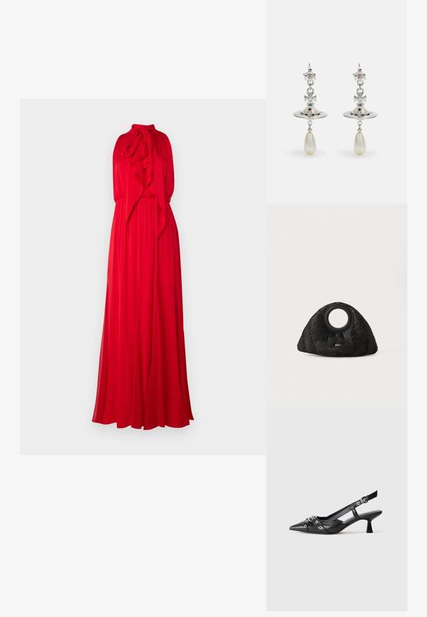 Alice + Olivia - Suknia balowa; Czarne skórzane buty typu slingback z ostrym noskiem, ozdobnymi paskami z metalowymi oczkami oraz niskim klinowym obcasem. Teksturowana powierzchnia.; Czarna pleciona torebka o unikalnym kształcie półksiężyca, z okrągłym uchwytem i subtelnym logotypem z przodu. Teksturowana powierzchnia w całej torebce.; Srebrne kolczyki z okrągłym kółkiem, ozdobione błyszczącymi kamieniami i wiszącą perełką w kształcie kropli. Charakterystyczny wzór z misternymi akcentami.