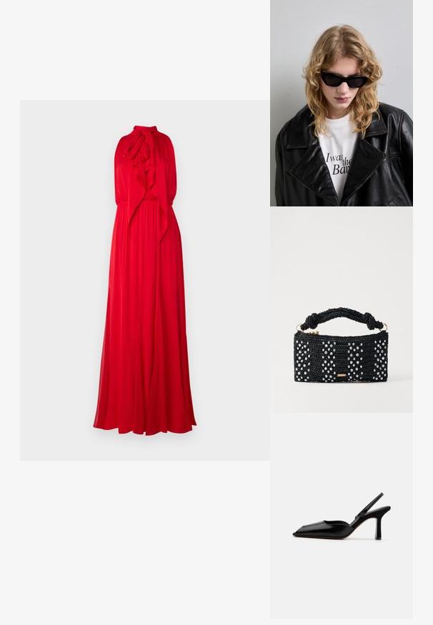 Alice + Olivia Pidulikud riided - bright ruby; Must musta slingback-kand käptelastega, terava varvaga, minimalismi disainiga, õhuke pahkluu rihm ja sujuv stiletto-kõrgus. Sile tekstuur.; Musta prillid, millel on stiilne ja nurgeline disain. Mudel kannab musta nahktagi valge särgi kohal, millel on trükitud tekst, neutraalses taustas.; Cult Gaia HERA - Käekott - black/pearl