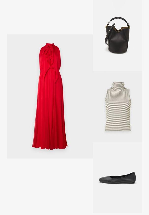 Alice + Olivia Proginė apranga - bright ruby; Bele gydimo viršus be rankovių su vertikaliomis juodai baltomis juostomis, pagamintas iš tekstūruoto mezgimo audinio, turintis aukštą, prigludusią apykaklę.; Juodai odiniai baletai su apvaliu pirštu, lygi texture, minimalus siuvimo detales ir lanksčiu padų dizainu.; Juodas odinis kibiro tipo krepšys su tekstūruotu paviršiumi, auksiniais detalėmis ir atvira viršūne. Yra trumpa rankena ir reguliuojama petneša.